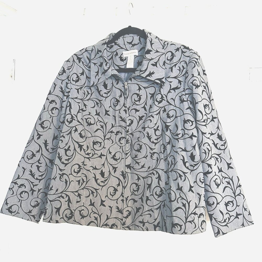 Draper’s & Damon’s Women XL Zipper Blazer Jacket Gray w/ Black Velvet Filigree